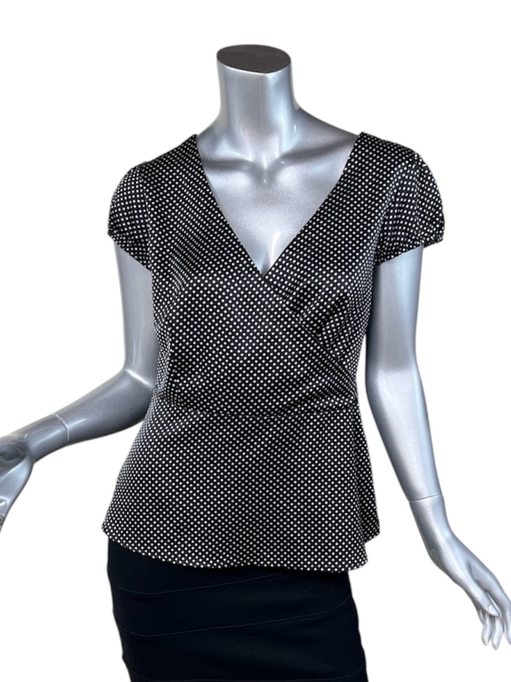 Cato Women’s SMALL Blouse V Neck Black & White Polka Dot Satin Faux Wrap Top